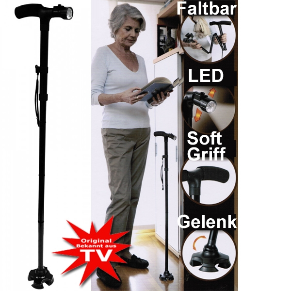 Gehstock mit LED Licht Trusty Cane Rentner Stock 360 Grad TV Werbung Faltbar Renter Altersheim Robust Sicher verlsslich rutschfest Integrierte Beleuchtung Haushalt